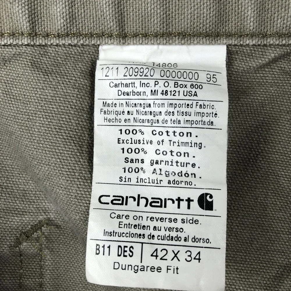 Carhartt Pants Mens 42x34 Beige Canvas Dungaree Fit Carpenter Workwear B11 DES‎